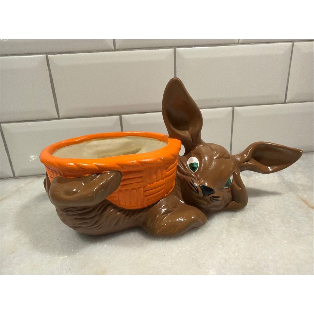 Vintage Ceramic Chocolate Bunny Planter Candy Dish 1950-60's
